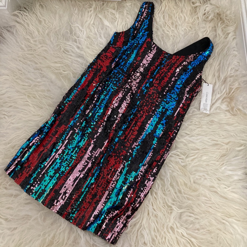 CALVIN KLEIN SEQUINED METALLIC SHIFT DRESS - Picture 8 of 9